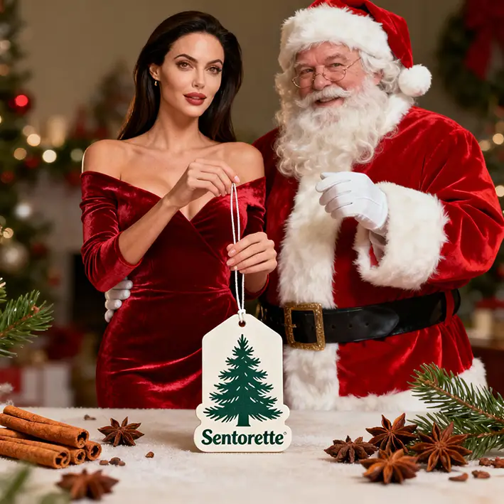 Personalizovaný osvěžovač do auta s esencí Kouzlo Vánoc: teplá a obklopující vůně, s tóny koření, citrusů a vánočních sladkostí, ideální pro vytvoření sváteční a přívětivé atmosféry při každé cestě.﻿